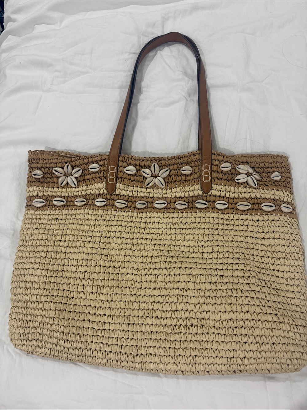 Style & Co. Beige Woven Tote with Brown Handles and Shell Accents